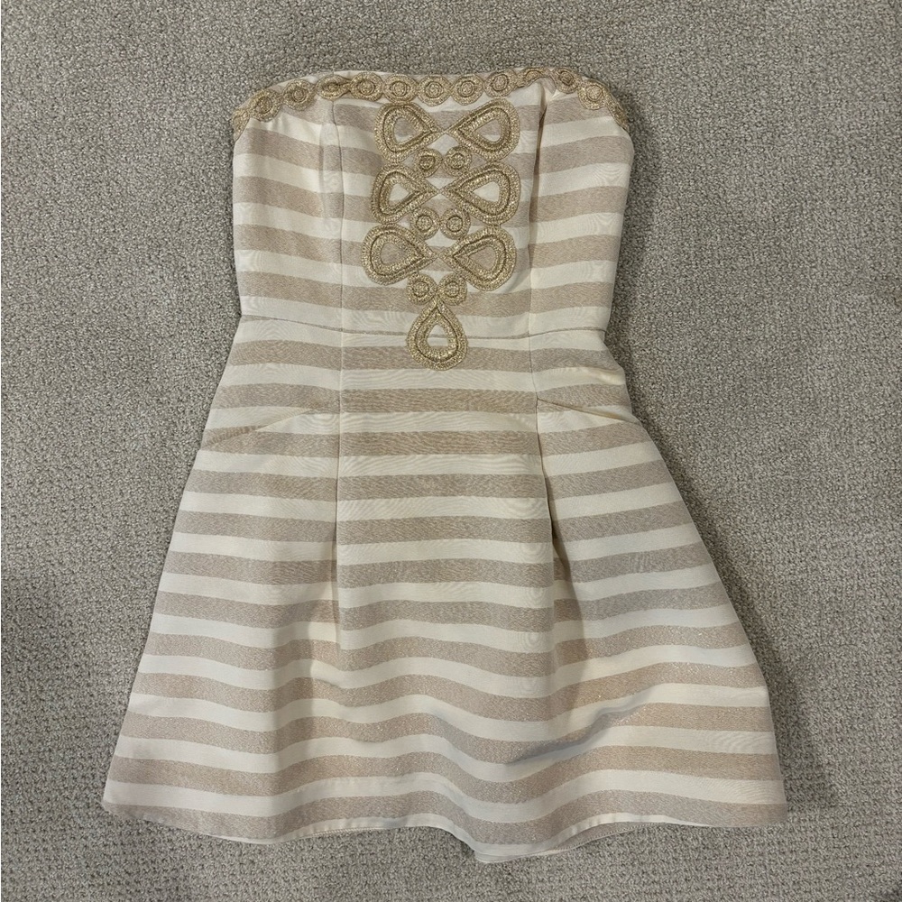 Gold striped strapless dress